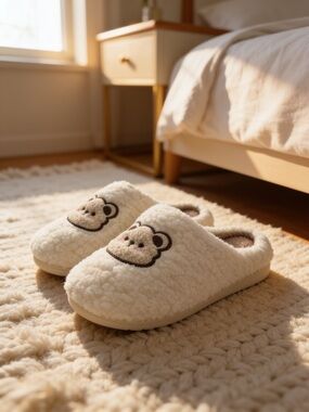 Plush Bear Slippers Cozy Sherpa Fuzzy House Shoes Cream Size 7.5-8